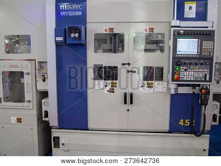 Bangkok, Thailand - November 21, 2018: Twin Spindle Cnc Chucker Machine Display In Metalex 2018