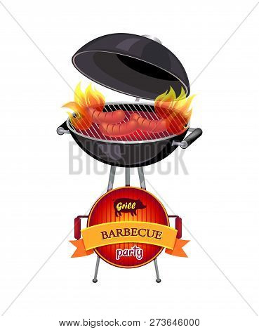 Grill Barbecue Party Brazier With Flames And Fire. Cooking Sausages On Griddle Of Mangal, Frying Pan