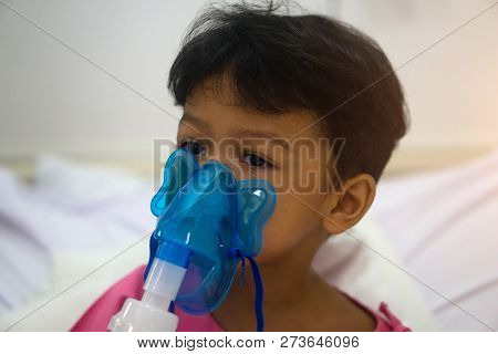 Asian Kids Boy 3 Years Old Has Sick In Nebulizer Mask