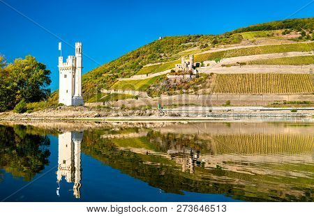 The Mouse Tower With Ehrenfels Castle On The Background. The Upper Middle Rhine Valley, Germany