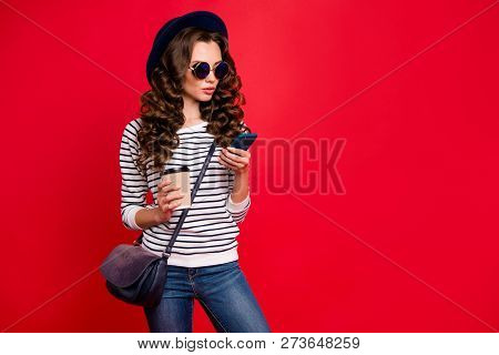 Portrait Of Nice Confident Lovely Attractive Slim Wavy-haired Lady Wearing Striped Pullover Sunhat H
