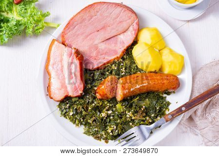 A Delicious Genuine Oldenburger Kale With Peeked Pinkel Sausage