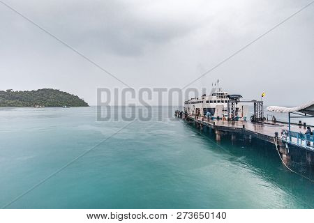 Ferry Harbor To Kohchang Island The Beautiful Nature Place Of Thailand In Raining Day, Seascape In R