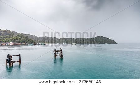 Ferry Harbor To Kohchang Island The Beautiful Nature Place Of Thailand In Raining Day, Seascape In R