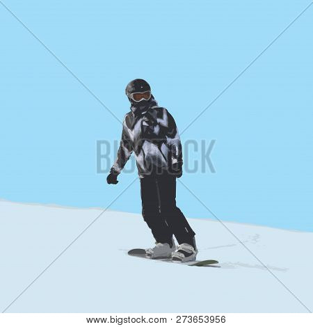 The Girl On A Snowboard The Climbing-down A Mountain, Color Vector Illustration On A White And Blue 