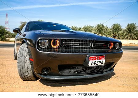 Dubai, Uae - November 15, 2018: Black Muscle Car Dodge Challenger R/t At The Interurban Road.