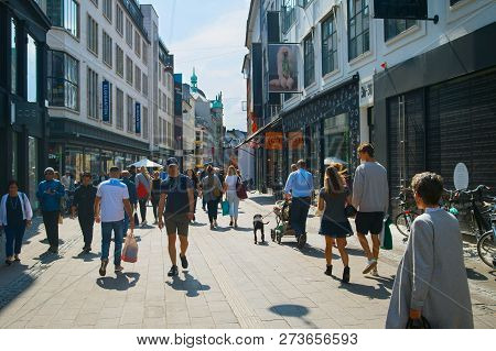 Copenhagen, Denmark - June 14, 2018: People At Stroget Street - Copenhagen Central Shopping Street. 