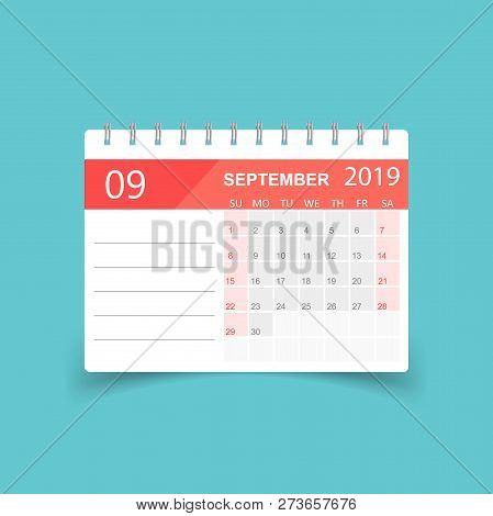 Calendar September 2019 Year In Paper Sticker With Shadow. Calen