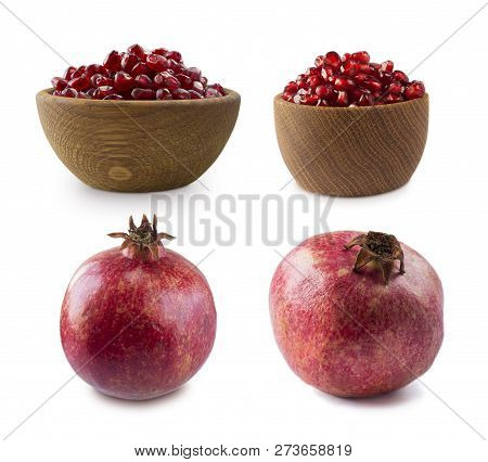 Set Of Pomegranates. Pomegranate Isolated On White Background. Sweet And Juicy Garnet With Copy Spac
