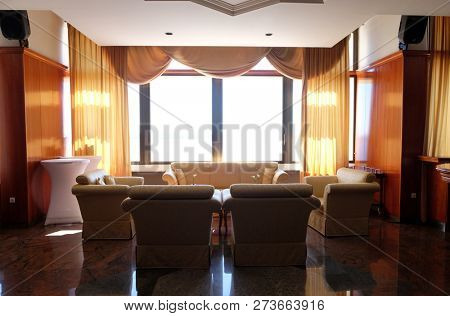PORTOROZ, SLOVENIA - JUNE 26: A luxury resort hotel lobby and sitting room lounge in Grand hotel Bernardin Portoroz, Slovenia, on June 26, 2015.