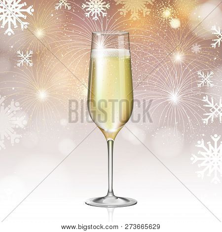 Realistic Vector Illustration Of Champagne Glass On Holiday Golden Firework Background