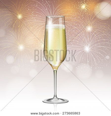 Realistic Vector Illustration Of Champagne Glass On Holiday Golden Firework Background