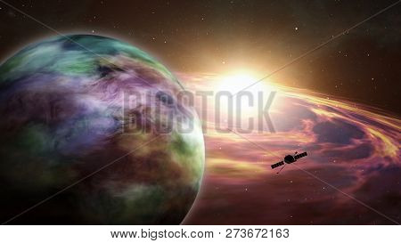 Space Probe Orbiting And Exploring Distant Solar System And Exoplanets. Realistic Deep Cosmos Satell
