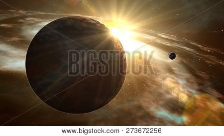 Exoplanet Sunrise Flare And Cosmos Exploration. Realistic 3d Of Stars, Planet And Nebula Gas Clouds 