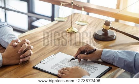 Law, Lawyer Attorney And Justice Concept, Consultation Between A Male Lawyer And Client, Giving Advi