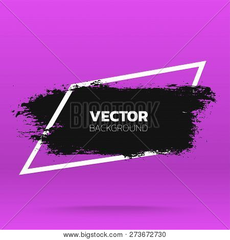 Grunge Background. Brush Black Paint Ink Stroke Over Rombic Frame. Vector Illustration