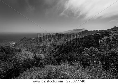 View Of The Macizo De Anaga Mountain Range. Tenerife. Canary Islands. Spain. Black And White.