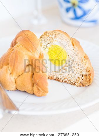 Folar, A Traditional Portuguese Easter Bread With A Whole Egg Inside.