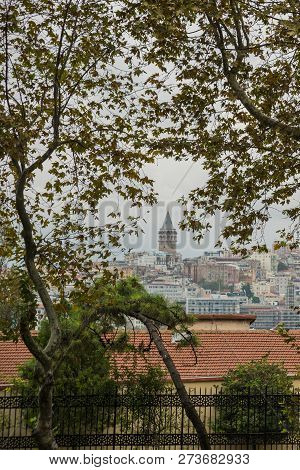 Istanbul, Turkey: The View From Gulhane Park To The City: Galat Tower, Houses And Beautiful Trees