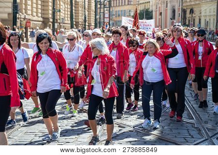 Prague, Czech Republic - July 1, 2018: Women Parading At Sokolsky Slet, A Once-every-six-years Gathe