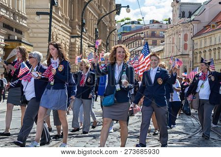 Prague, Czech Republic - July 1, 2018: American Visitors Parading At Sokolsky Slet, A Once-every-six