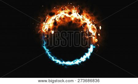 Bright Dymanic Fire And Ice Ring In Space, This Is Opposite Symbol, 3d Render, Computer Generated Ba