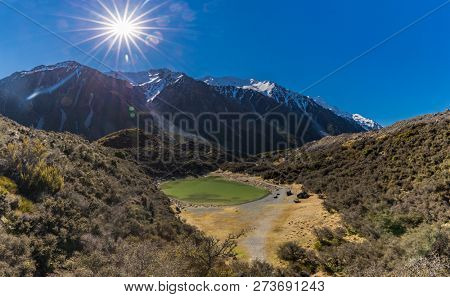 Blue Lakes and the mountains in the Tasman Valley Walk on the way to Tasman Glacier View, South Island, New Zealand