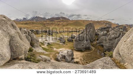 The Castle Hill Conservation Area or  Kura Tawhiti, Arthur's pass, Limestone rock formations, Southern Alps, South island, New Zealand