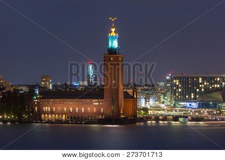 Stockholm City Hall Or Stadshuset At Night In The Old Town In Stockholm, Capital Of Sweden
