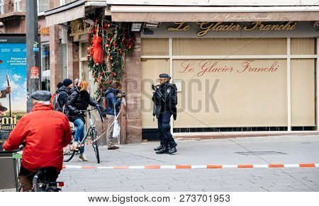 Strasbourg, France - Dec 11, 2018: French Police Officers Securing Rue Du Saumon Zone Of A Crime Sce