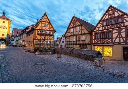 Rothenburg ob der Tauber historic town downtown at night, Franconia, Bavaria, Germany