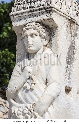Close-up View On The Sculpture On The Hercules Gate In The Ancient City Of Ephesus (turkey) - 13th J