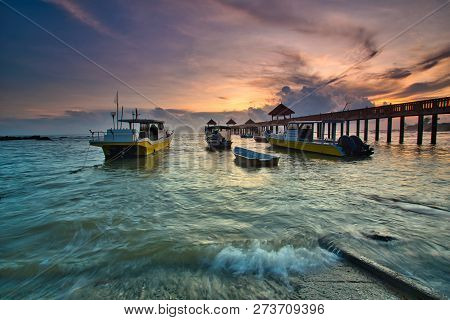 A Long Exposure Of A Stone Jetty Leading Into The Sea During Monsun Season, Tanjung Balau,johore,mal