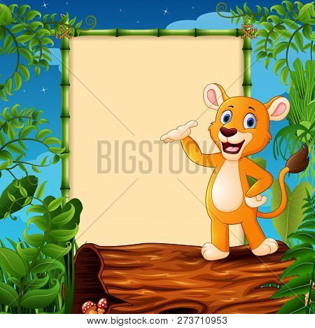 Cartoon Lion Standing On Hollow Log Near The Empty Framed Signboard