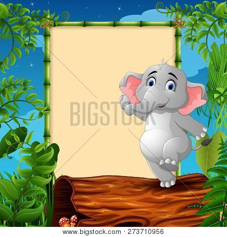 Cartoon Elephant Standing On Hollow Log Near The Empty Framed Signboard