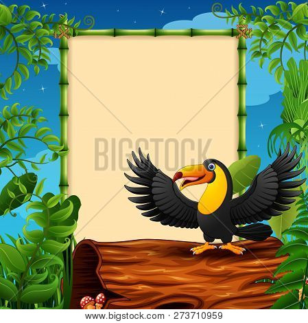 Cartoon Toucan Presenting On Hollow Log Near The Empty Framed Signboard
