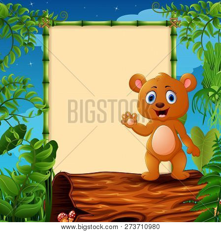Cartoon Bear Waving Hand On Hollow Log Near The Empty Framed Signboard