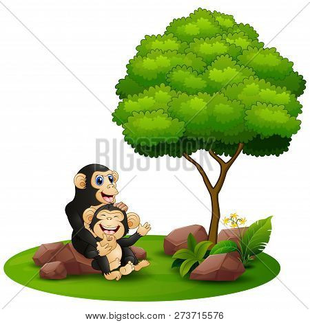 Cartoon Chimpanzee Mother Hug Her Baby Chimp Under A Tree On A White Background