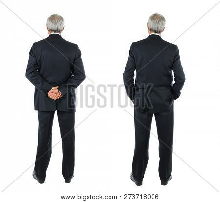 Two images of the same middle aged businessman seen from behind, different poses. Full length shot over a white background.