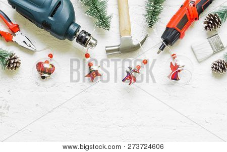 Merry Christmas And Happy New Years Handy Constrcution Tools Background Concept.  Handy House Fix Di