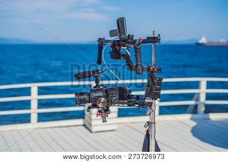 Profeccional Cinema Camera On A 3-axis Camera Stabilizer System On A Commercial Production Set