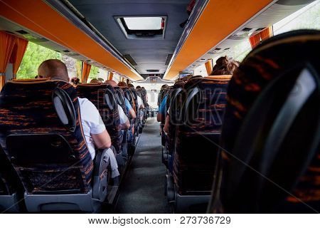 Marmaris, Turkey - May 26, 2018: People Sitting In A Bus. View From Back Seat In A Bus. Tourists Dur