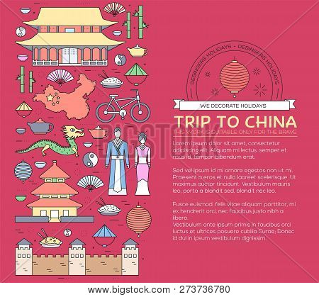 Country China Travel Vacation Guide Of Goods, Places In Thin Lines Style Design. Set Of Architecture