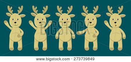 Vector Collection Of Cute Toy Deer. Set Of Deer In Different Poses. Print For Kids, Baby