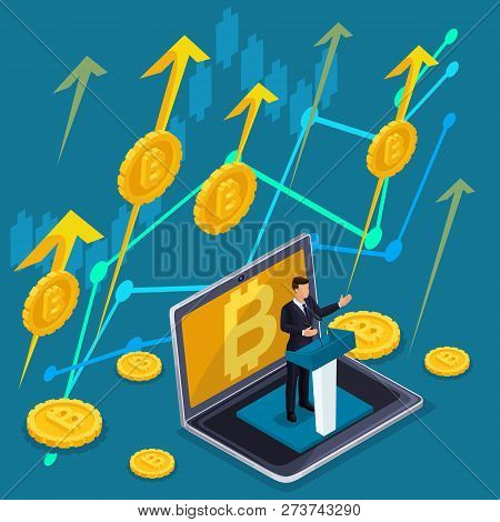 Isometric Business Concept, Crypto Currency, Bitcoin Is Growing, Stocks And Investments Are Coming U