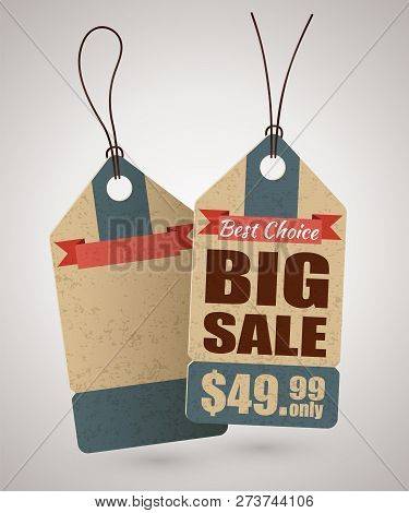 Cardboard Price Tag Or Big Sale Label Template In Retro Style And An Empty Label Behind. Vector Illu