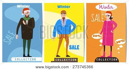 Set Of Winter Sale Cards With The Characters Of People, Men And Women In Winter Clothes, The Trend O