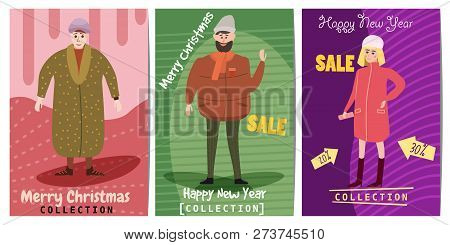 Set Of Winter Sale Cards With The Characters Of People, Men And Women Of Different Ages In Winter Cl