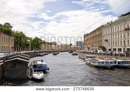 Saint-petersburg, Russia - August 7th, 2018: View Of The Moika River From The Green Bridge, St. Pete