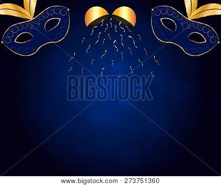 Carnival Blue Vector Background With Gold Decorations.